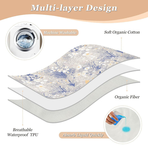 siphylline 52" 34" Blue-Flowers Extra Large Resuable Toddler Mattress Pads Soft Absorbent Flat Crib Pads Changing