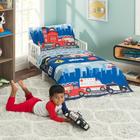 EVERYDAY KIDS 4 Piece Toddler Bedding Set -Fire and Police Rescue- Includes