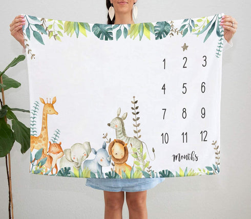 Safari Baby Milestone Blanket with Birth Stat Sign, Jungle Animals Monthly Growth Chart, 50"x40" Baby Nursery
