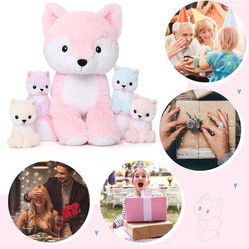 MorisMos Stuffed Fox Mommy & Babies Plush Toy Set, Large Soft Foxes for Women, Girls, Kids