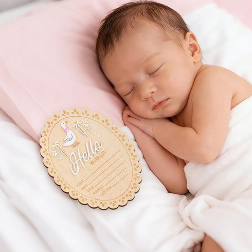 Penitue 15cm/5.91in Baby Girl Announcement Sign, Double-Sided Wooden Hello World Newborn Sign Welcome Baby Board Birth