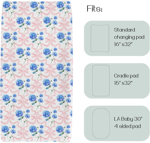 HawSkgFub 32"/34" 16" Pink Bow Hydrangea Floral Changing Pad Cover for Baby Girls Shower Gift, Boho Blue Flowers Ribbon