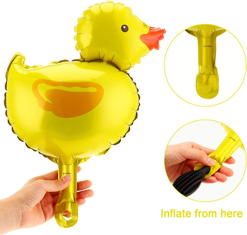 16 Pieces Mini Duck Foil Balloons with 2 Rolls Gold Ribbons for Farm Animal Birthday Baby Shower Party Decoration