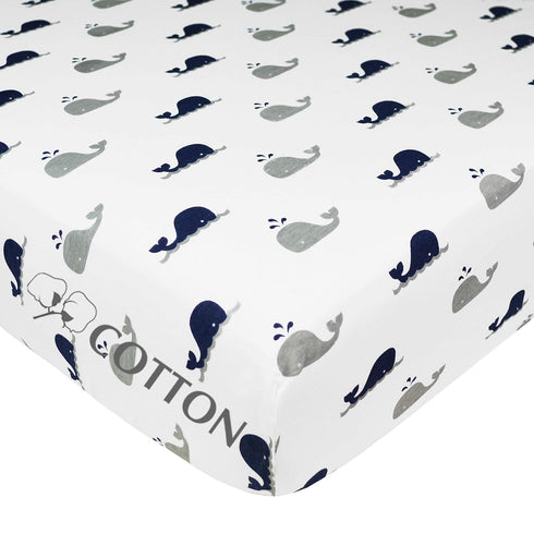 American Baby Company 100% Natural Cotton Fitted Crib Sheet 52" x 28", Navy Whale, Soft, Hypoallergenic Toddler Bed
