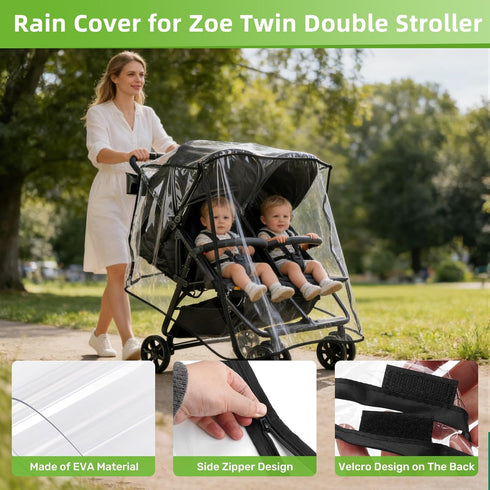 Rain Cover for Zoe Twin Double Stroller, Custom Fit Waterproof Stroller Rain Cover with Clear EVA, Ventilation Holes
