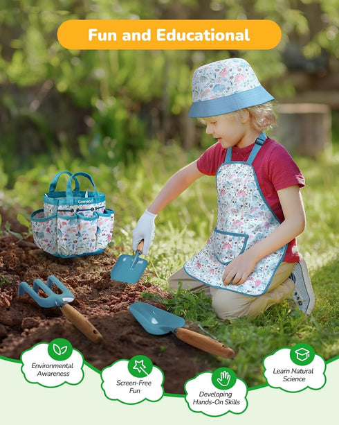 Set Grenebo Kids Gardening Toys, Quality Garden Tool Kit for Kids and Toddlers, Includes Two Shovels, Garden hat,Rake