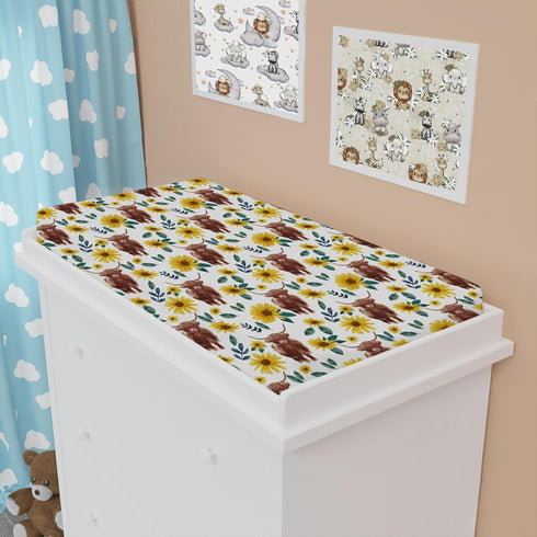 Highland Cows Boho Sunflowers Changing Pad Cover, Cute Yak Floral Diaper Sheets, Soft Breathable Stretchy Mats 32''x16''