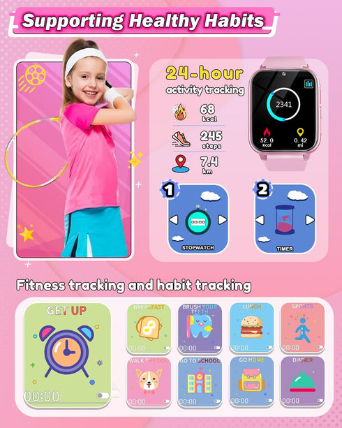 Kids Smart Watches for Girls Age 6-8 - HD Touchscreen, Dual Cameras, 26 Games, Birthday Gifts for Ages 5-9