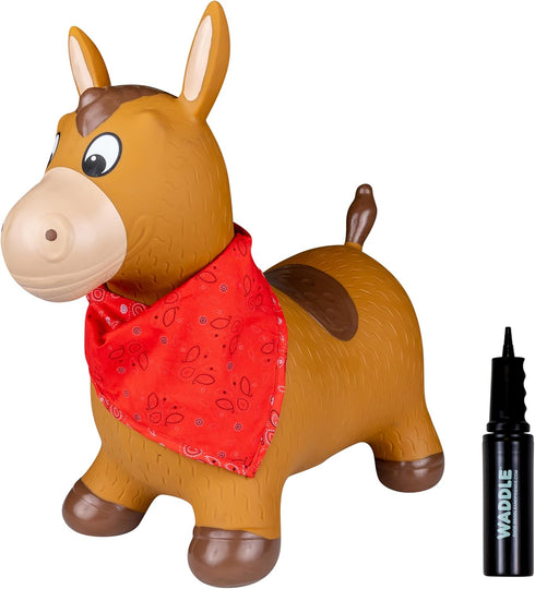WADDLE Bouncy Hopper Inflatable Toy, Hopping Animal for Toddlers and Kids, Pump Included, Brown Horse