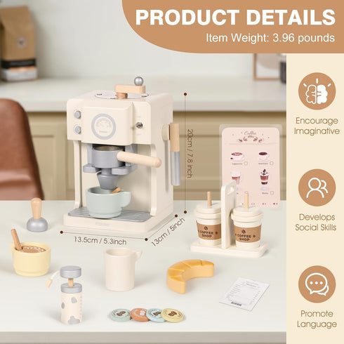 Playset Pithfor Kids Wooden Coffee with Grinder, Toy Coffee Maker for Kids Toddlers, Pretend Play Kitchen Appliances