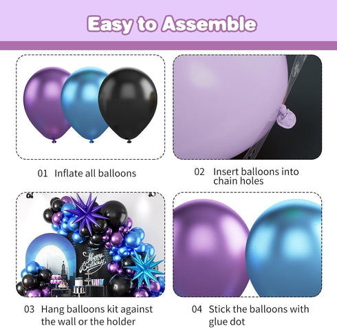 Black Purple Blue Balloon Arch Kit with 2Pcs Star Balloons, Metallic Purple Blue Garland for Kids Video Game Party
