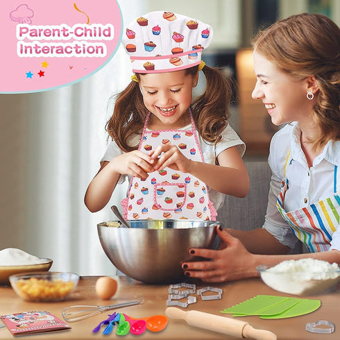 Cute Stuff Apron for Girls, Kids Cooking Sets with Toddler Chef Hat and Cookbook, Birthday Gifts for 3-8 Year Olds