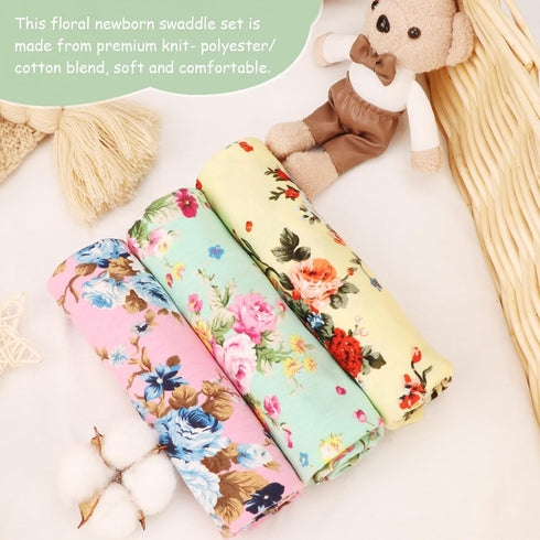 3 Pack DRESHOW BQUBO Newborn Floral Receiving Blankets Newborn Baby Swaddling Hats Sleepsack Toddler Warm Shower Gift