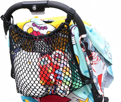 Stroller Caddy Organizer with Extra Large Storage Space, Universal Fit Cargo Net Mesh Hanging Bag for Diapers