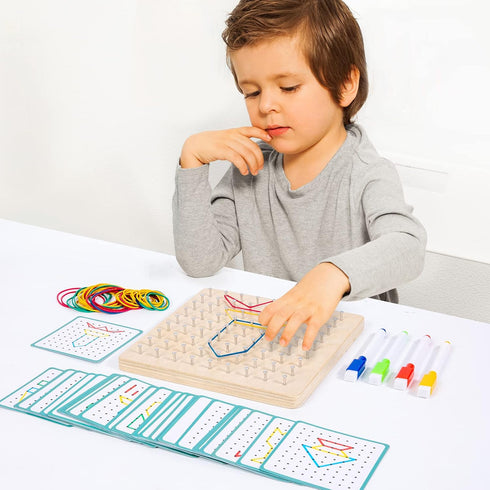 Wooden Geoboard with Rubber Bands, Educational Toy for Spatial Reasoning and Fine Motor Skills for Kids 3 Years+