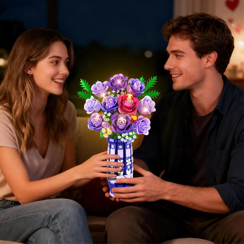 Set 17 CUBIMANA Purple Roses Flowers Building with Vase & LED Light, Mini Flowers Bouquet Building Blocks Toy