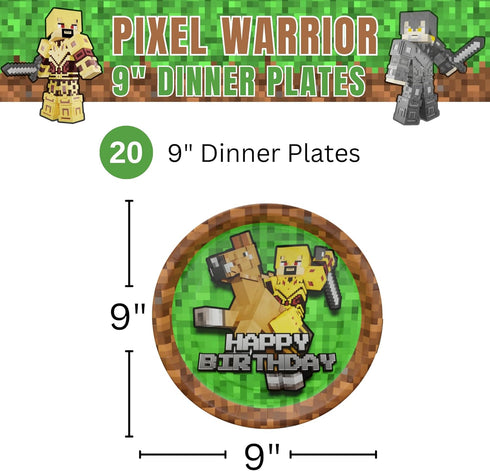 Blue Orchards Pixel Warrior Dinner Plates (20 Pieces) - Video Game Party Supplies and Decorations