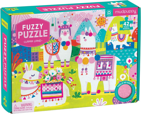 Mudpuppy Llama Land Fuzzy Puzzle, 42 Chunky Pieces, 15”x11” – for Ages 3+ - Puzzle Features Bright, Colorful and Whimsical Llamas with Soft Embellishments Throughout – Fun Sensory Puzzle
