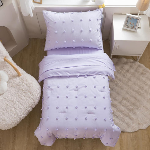 4 Set Set Caressma Lavender Pieces Toddler Bedding - Lovely Pom Pom Tufted Comforter for Girls - Includes Purple
