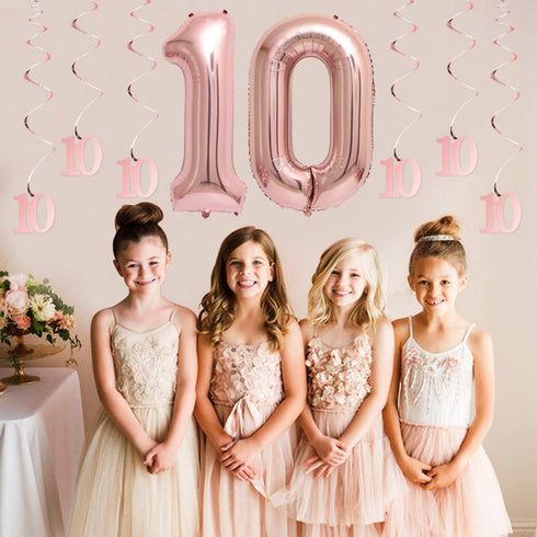 10th Birthday Decoration Girl, Rose Gold Double Digits 10 Birthday Decorations with Balloons and Cake Topper