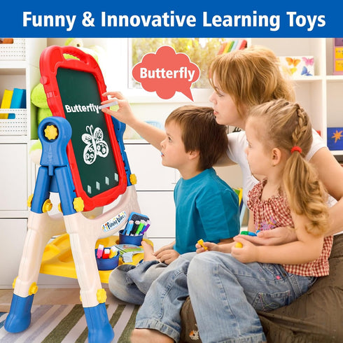 2-4 2 3 4 Kids Easel for Toddlers Age Art Magnetic White Board & Chalkboard Double Side Adjustable Stand Drawing