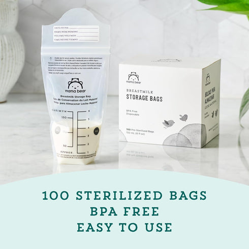 100 Count, 6 oz Amazon Brand - Mama Bear Breastmilk Storage Bags, Pre-Sterilized, BPA Free, Double Zips