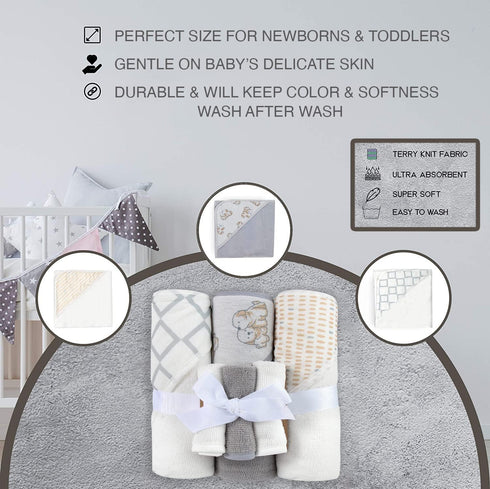 6 Set Hooded Baby Bath Towel and Washcloth Piece for Newborns Infants & Toddlers, Boys & Girls Baby Hooded Towels