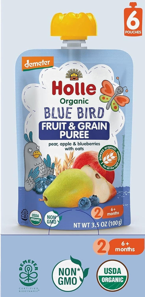 (6 Pack) 6 Holle Organic Baby Food Pouches - Blue Bird Baby Puree with Pear, Apple, Blueberry & Oat - Organic Baby