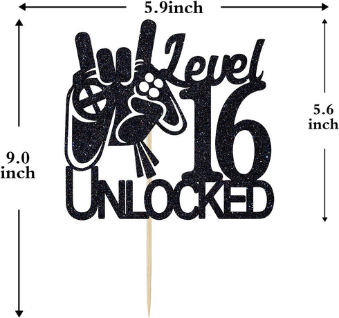 Level 16 Unlocked Game Birthday Cake Topper for Boy's 16th Birthday, Sweet 16 Video Game Theme Cake Decoration Supplies