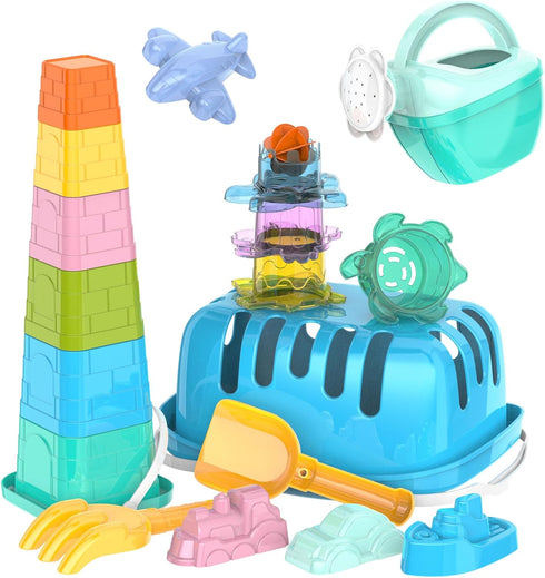 utoyz Set 18 Summer 1+ Splash & Sand Adventure Beach Toys for Toddlers with Pcs Stacking Cups, Watering Can, Bucket