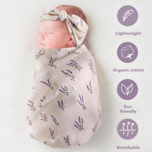Set LifeTree Muslin Swaddle Blankets, Muslin Baby Boy Swaddle Blanket, Headband and Hat with Birth Announcement Card