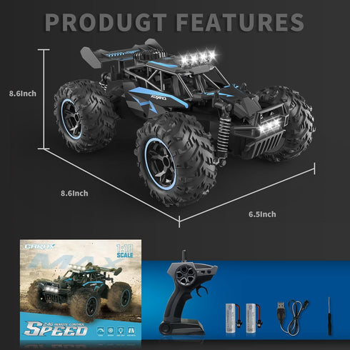 2.4GHz 25KM/H 1:18 1800mAh 6+ Carox Remote Control Car, High Speed RC Car, Off-Road Monster Truck with LED Lights