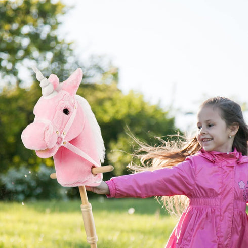 37 Inches(AA HollyHOME Plush Unicorn Stick Horse with Wood Wheels Real Pony Neighing and Galloping Sounds Plush Toy