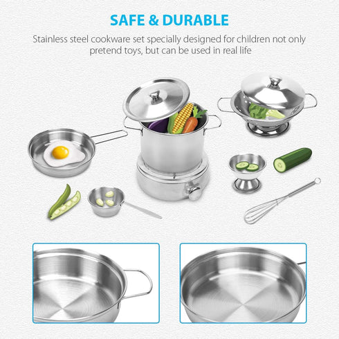 Kids Kitchen Pretend Play Toys - 21pcs Cooking Pots and Pans Set, Small Stainless Steel Cookware Playset for Girls, Boys
