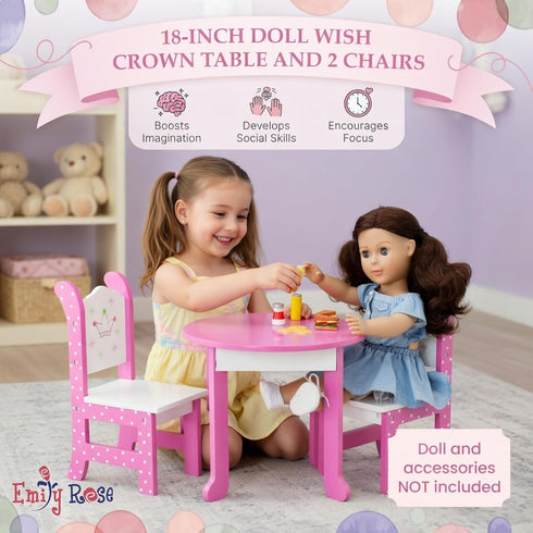 18 Inch Set 2 Emily Rose Wish Crown Doll Dining Wooden Table & Chairs for American Girl Dolls | Premium Dollhouse