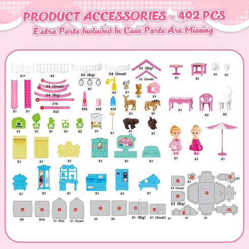 randhar 4-Story 15 2 3 4 5 6 7 8 9 10+ Doll House for Girls, Dream Dollhouse Rooms with Dolls, Lights, Animals