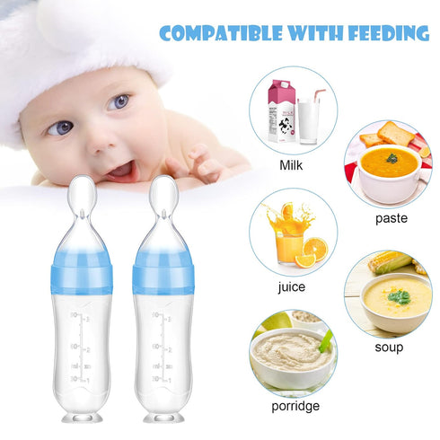 Nuanchu Baby Spoons 2 Pack, Silicone Baby Food Feeder, 3 oz Squeeze Feeding Spoon for Kids Toddlers (Blue)