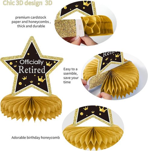 9PCS Gold Retirement Party Decorations - Centerpiece Honeycomb Glitter Table Toppers for Happy Retirement Supplies
