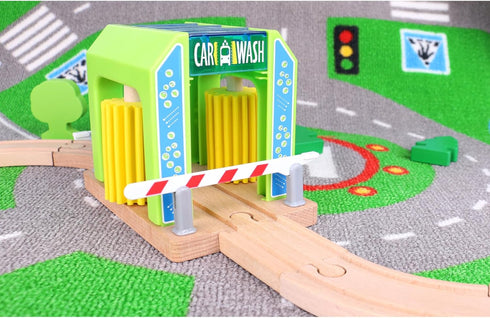 HANQIANN Pack Set,Wooden 3 Wooden Car Wash Station with Train Truck,Expansion Compatible with Railway Train Toy Train