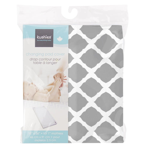 Kushies Changing Pad Cover for 1" Pad, 100% Breathable Cotton, Grey Lattice, Made in Canada