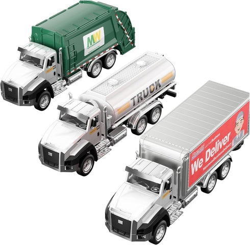 TEMI 3 Pack of Diecast City Transport Vehicles - Garbage, Tanker, Express Delivery, 1/50 Scale Metal Models with