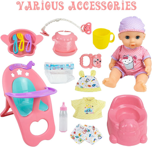 Set, PlaySet Set 15+ 12" RedCrab Baby Doll Toys Newborn Dolls with High Chair Stroller Feeding ,Tableware and Doll