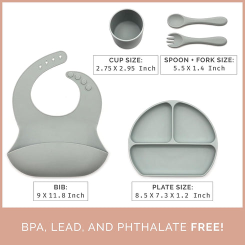 Baby Silicone Feeding Set - (5 Pack) Baby Bib, Suction Divided Plate, Self Feeding Spoon & Fork - Food Grade Soft Silicone, Toddler Weaning Utensils Plates, Infant Feeding Utensils Set for 6+ Months