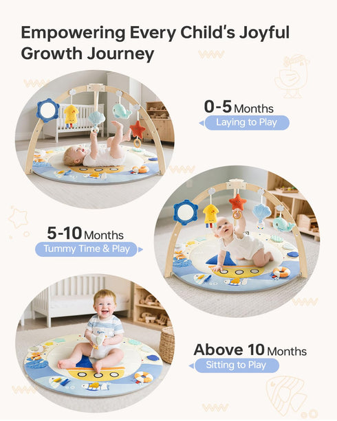 5 Tummy 7 BG-BABYGO Baby Play Gym Activity Mat, Developmental Zones Wooden Time Mat with Detachable Sensory Toys