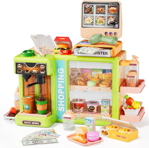 Pupu Pig Kids Grocery Store Playset, Fun Play Store with Realistic Cash Register Toy,