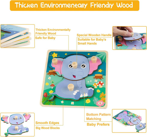 Wooden Toddler Puzzles, Funsland Peg Puzzles Gifts, Eco-Friendly Animal Patterns Jigsaw for 1-3 Years Old