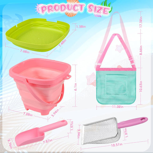 FHOZGECY Beach Toys, Sand Toys with Collapsible Bucket, Sand Sifter, Beach Mesh Shovel, Shark Tooth Sifter and Mesh Bag