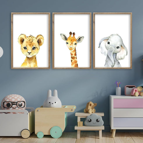 flowtorely 11x16 Inch Set 3 Baby Safari Nursery Wall Art Decor of Wood Framed Cute Animal Giraffe Elephant Lion Prints