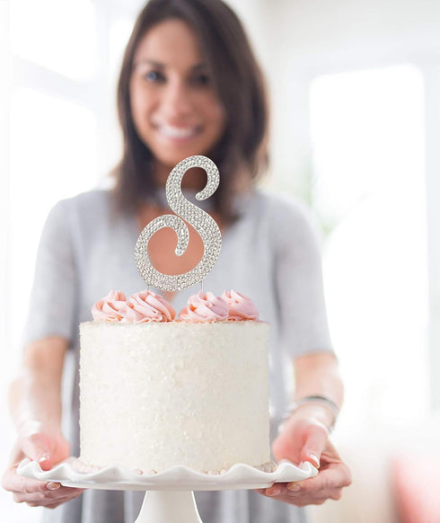 Letter S Cake Topper - Premium Silver Metal S Monogram Wedding or Anniversary Party Decoration with Rhinestone