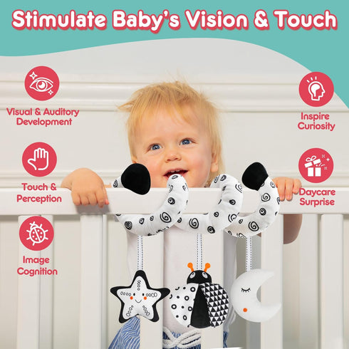 GKDOMS Baby Spiral Hanging Stroller and Car Seat Toys Black and White High Contrast Sensory Toy Newborn Plush Activity